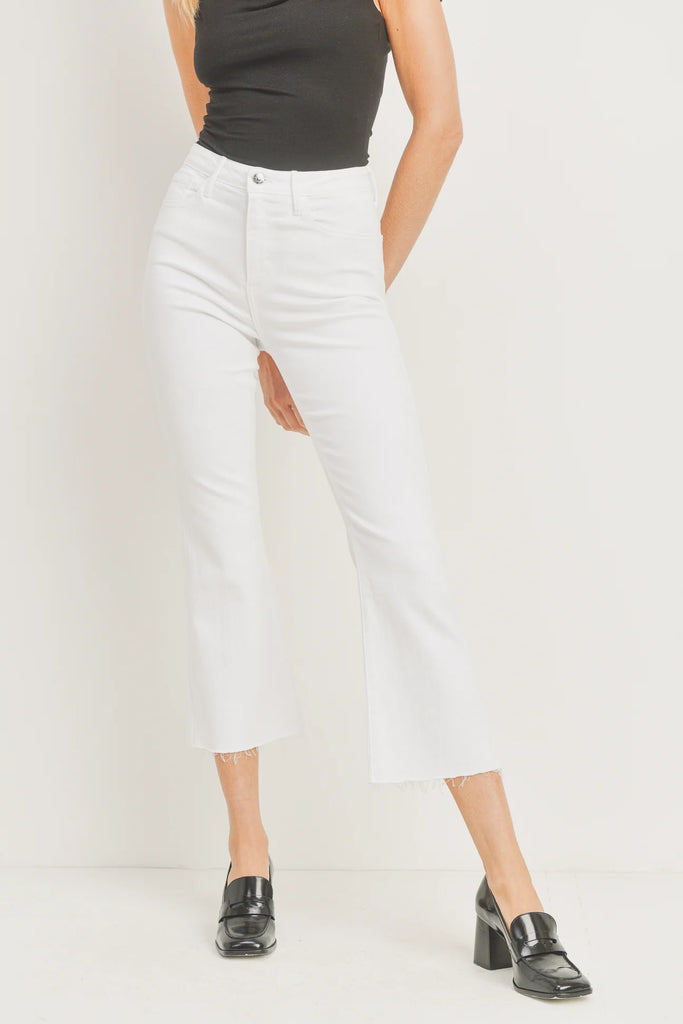 JBD Tonal Crop Flare Jean Optic White. Slim from the hips to thighs with a gently flared leg and perfectly cropped to show off a chic pair of shoes. With just enough stretch for all-day comfort, this high rise jean will be a go-to.