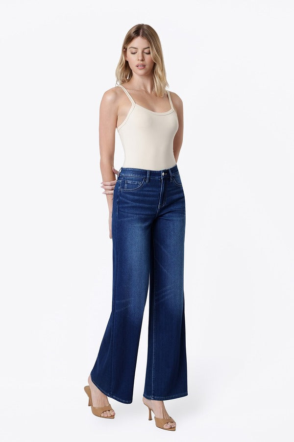 Flying Monkey High Rise 4 Way Stretch Wide Knit Denim in Abound, front three-quarter view