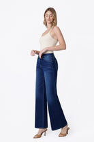 Flying Monkey High Rise 4 Way Stretch Wide Knit Denim in Abound, side three-quarter view