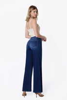 Flying Monkey High Rise 4 Way Stretch Wide Knit Denim in Abound, back three-quarter view