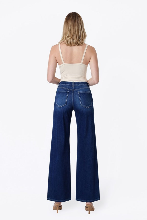 Flying Monkey High Rise 4 Way Stretch Wide Knit Denim in Abound, back view