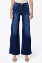 Flying Monkey High Rise 4 Way Stretch Wide Knit Denim in Abound, close-up front view of waistband and pockets