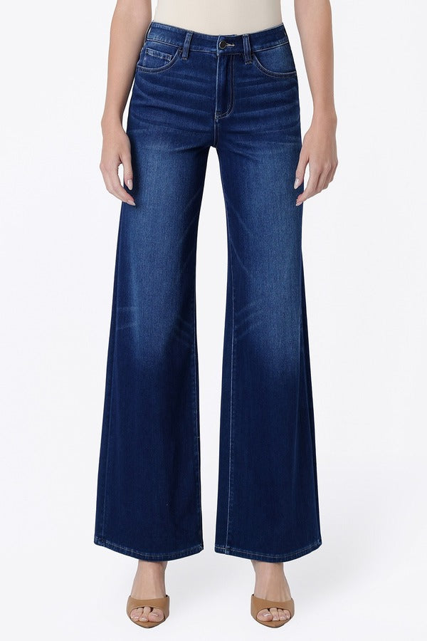 Flying Monkey High Rise 4 Way Stretch Wide Knit Denim in Abound, close-up front view of waistband and pockets