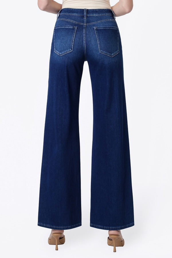 Flying Monkey High Rise 4 Way Stretch Wide Knit Denim in Abound, close-up back view of pockets