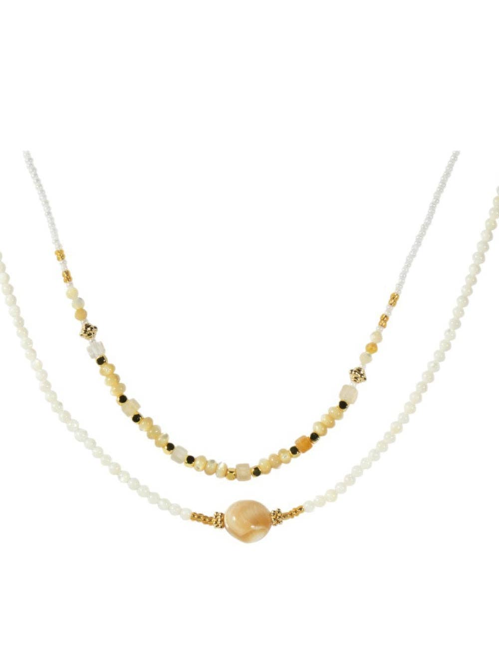 Layered beaded necklace with mixed beads, gold-tone accents, and a natural stone-inspired center bead on a double-strand design.