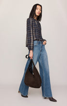 Z Supply Autumn Plaid Button Up Top in Eclipse, side view