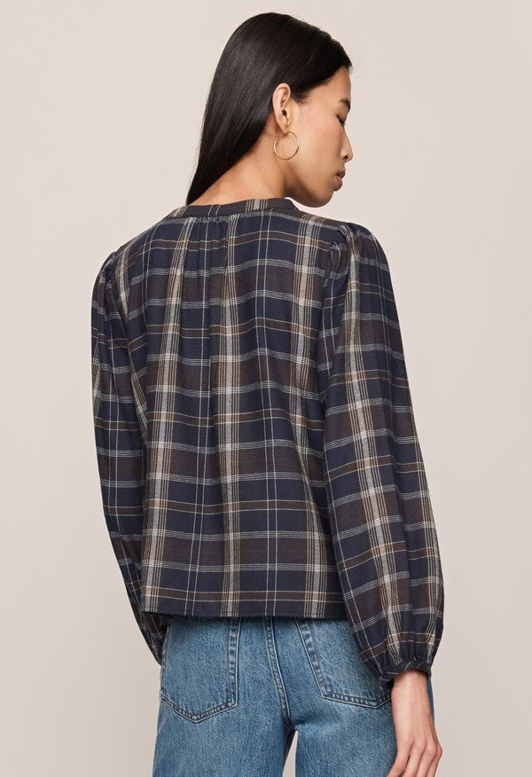 Z Supply Autumn Plaid Button Up Top in Eclipse, back view