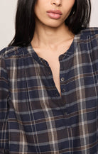 Z Supply Autumn Plaid Button Up Top in Eclipse, neckline detail