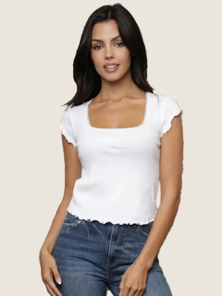 Ribbed short sleeve tee with square neckline and fitted silhouette