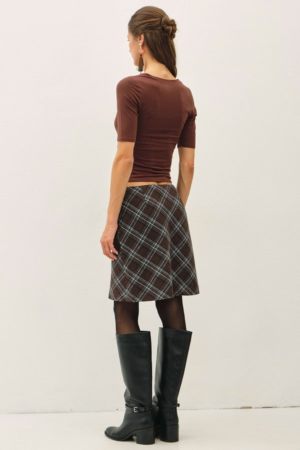 Be Cool Plaid Mini Skirt in Chocolate Check, back view