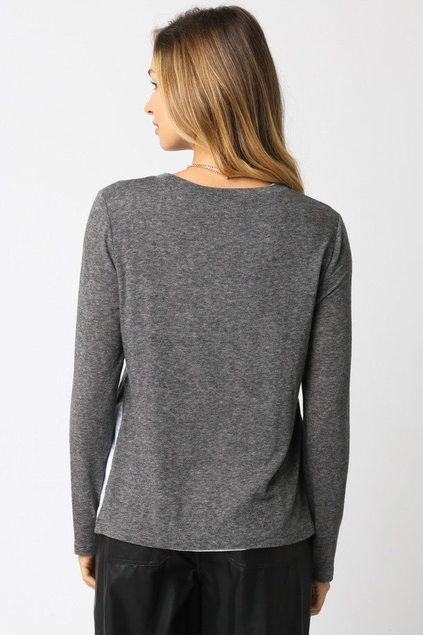 Olivaceous Layered Crewneck Knit Long Sleeve Top in Heather Grey/White, back view