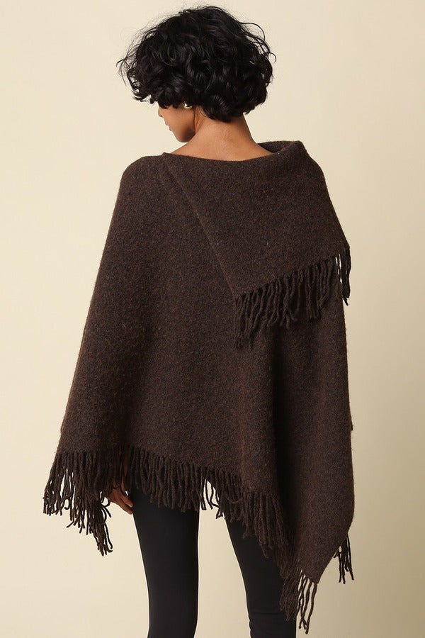 Olivaceous Layered Fringe Detail Pancho in Brown, back view