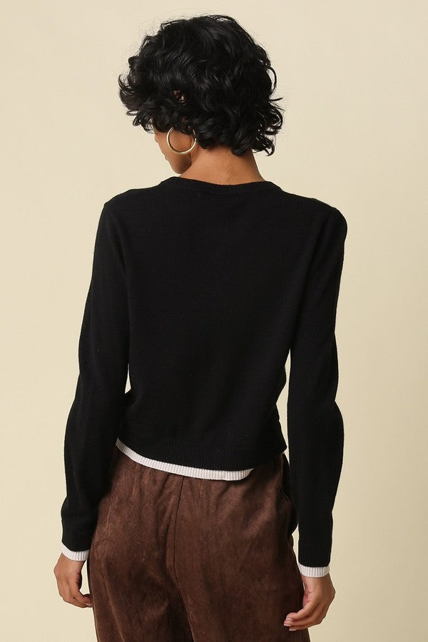 Olivaceous Contrast Detail Button Up Cardigan in Black Ecru, back view