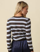 Olivaceous Stripe Button Up Sweater Cardigan in Coffee Lt Blue Ivory, back view