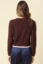 Olivaceous Contrast Detail Button Up Cardigan in Brown Oatmeal, back view