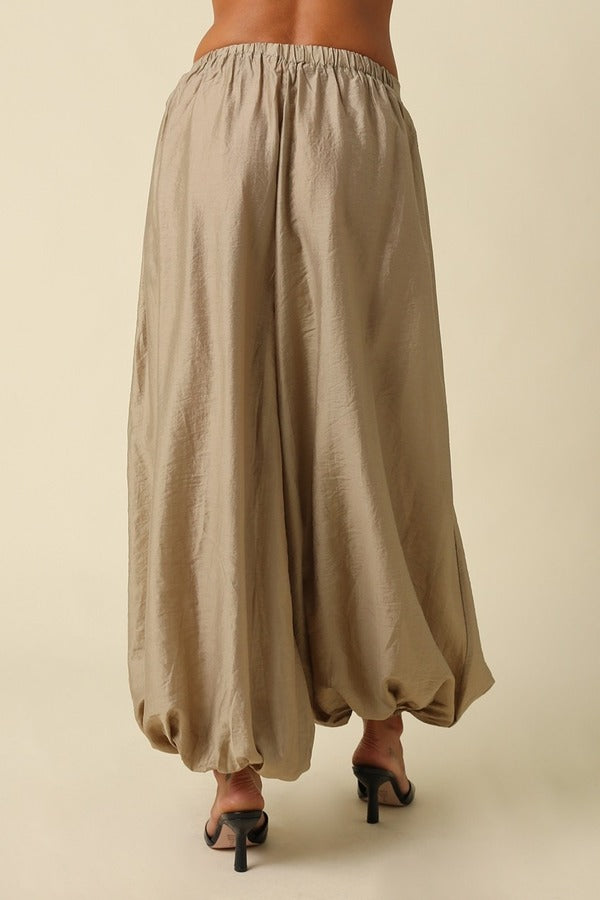 Olivaceous Elastic Waist Wide Leg Balloon Pants in Khaki, back view