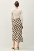 Be Cool Flowy Plaid Print Midi Skirt with Elastic Waist in Charcoal, back view