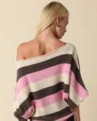Olivaceous Bold Stripe Off Shoulder Sweater in Beige Coffee Pink, back view