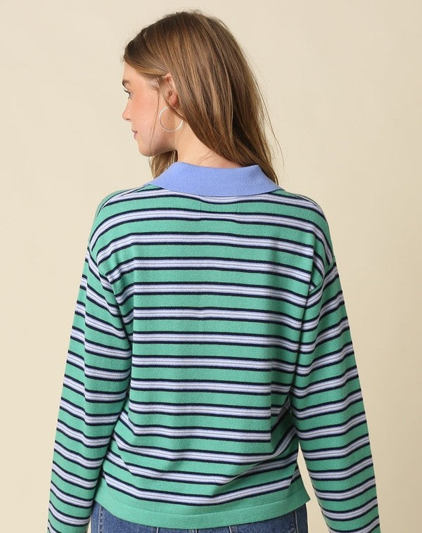 Olivaceous Stripe Collared Sweater in Blue Green, back view