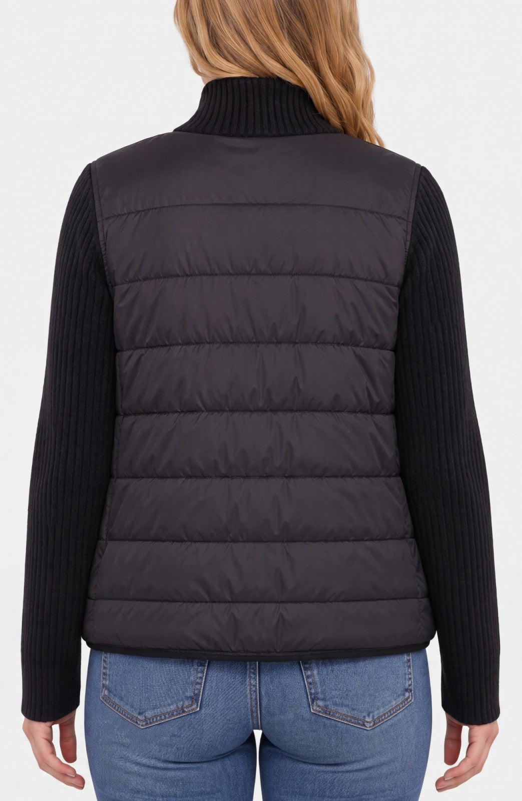 Liverpool Long Sleeve Zip Front Quilted Sweater Jacket in Black, back view
