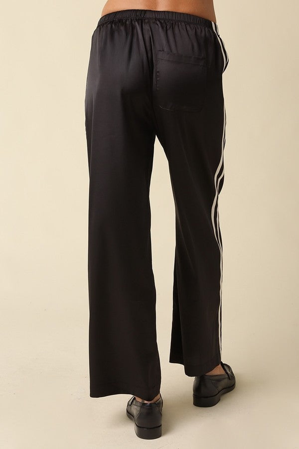 Olivaceous Wide Leg Side Stripe Pants in Black Cream, back view