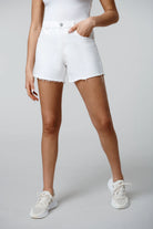 Blank NYC Perry Short White. These white denim shorts feature a high waist and raw step hem, a must have closet staple for the spring and summer, they go perfectly with any top day or night.
