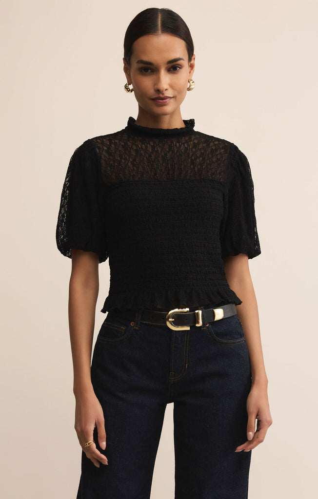 black lace top, puff sleeve blouse, smocked lace top, dressy black top, romantic lace blouse, chic evening top, feminine black blouse, ruffle trim top, sheer lace shirt, fall date night outfit