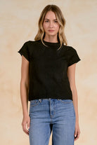 Alternate view of the Elan Short-sleeve Crew Neck Sweater Top in Stone.