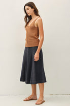 Be Cool Lightweight Flowy Midi Skirt with Elastic Waistline in Black, side view