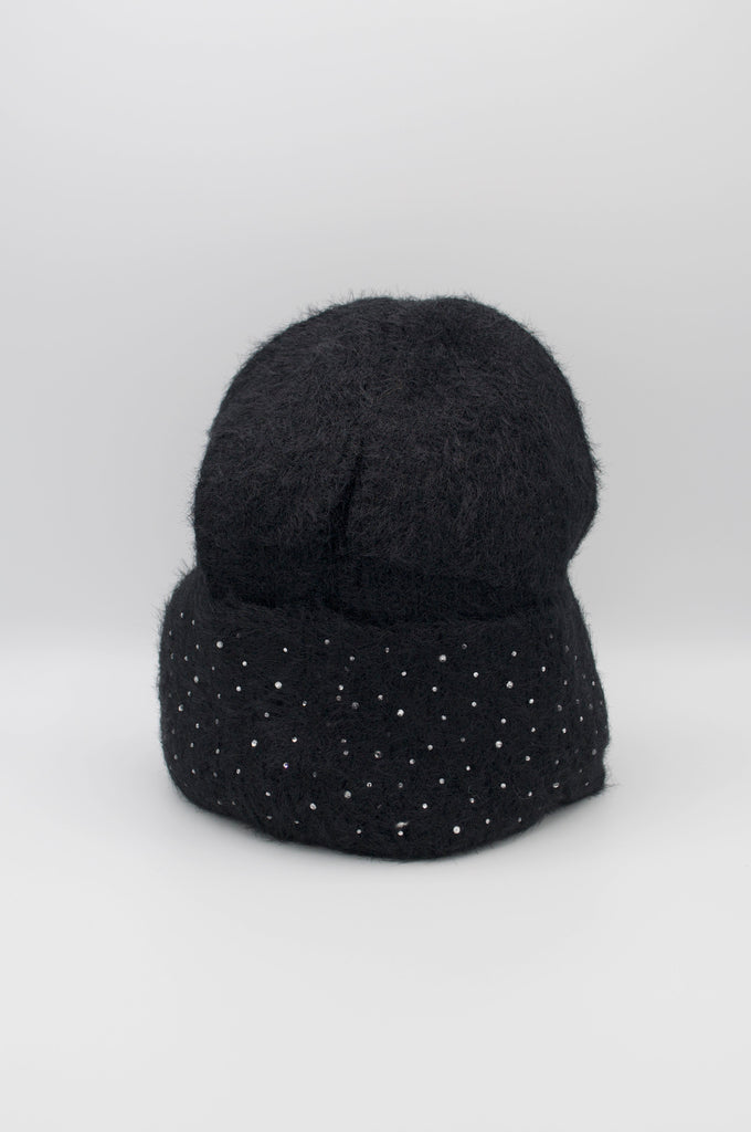 Rhinestone Beanie Black. Add a touch of sparkle to your winter outfits with this rhinestone beanie featuring a soft sweater fabric and fold over design, perfect for day or night.