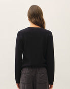 Be Cool Lightweight Crewneck Snap Button Cardigan with Pockets in Black, back view