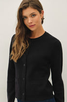 Be Cool Lightweight Crewneck Snap Button Cardigan with Pockets in Black, front view