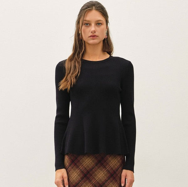 Be Cool Ribbed Knit Peplum Sweater in Black, front view