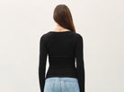 Be Cool Boat Neck Long Sleeve Side Ruched Knit Top in Black, back view