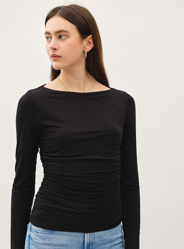 Be Cool Boat Neck Long Sleeve Side Ruched Knit Top in Black, front view