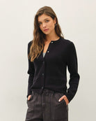Be Cool Lightweight Crewneck Snap Button Cardigan with Pockets in Black, side view