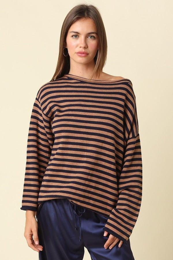 Olivaceous Stripe Oversized Boatneck Sweater in Dark Navy Mocha, front