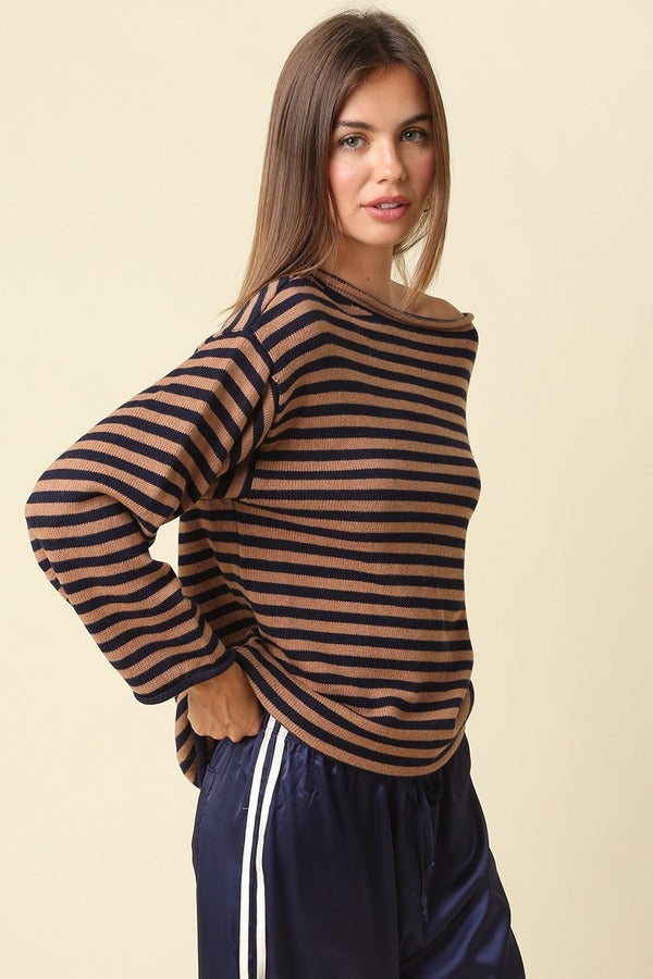 Olivaceous Stripe Oversized Boatneck Sweater in Dark Navy Mocha, side