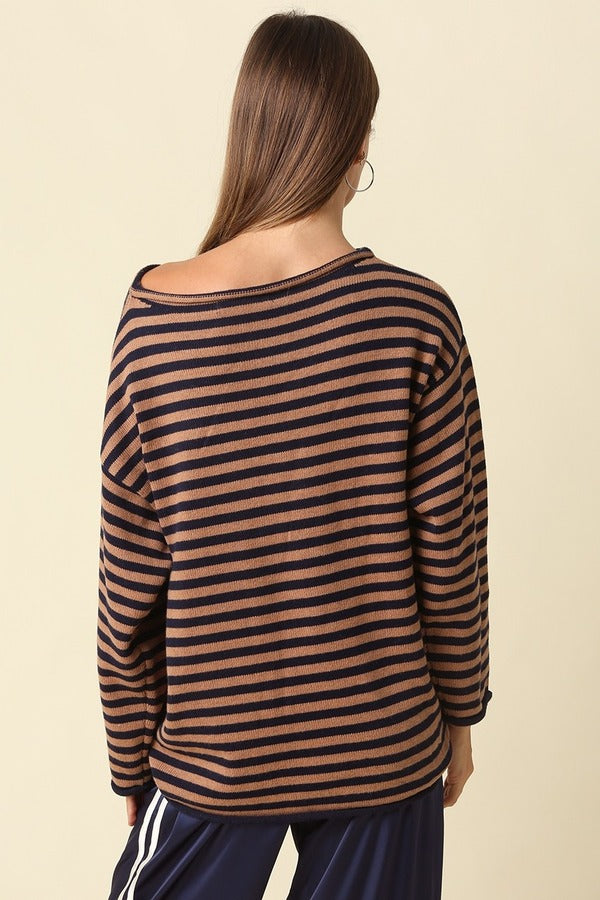 Olivaceous Stripe Oversized Boatneck Sweater in Dark Navy Mocha, back