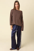 Olivaceous Stripe Oversized Boatneck Sweater in Dark Navy Mocha, front, full length