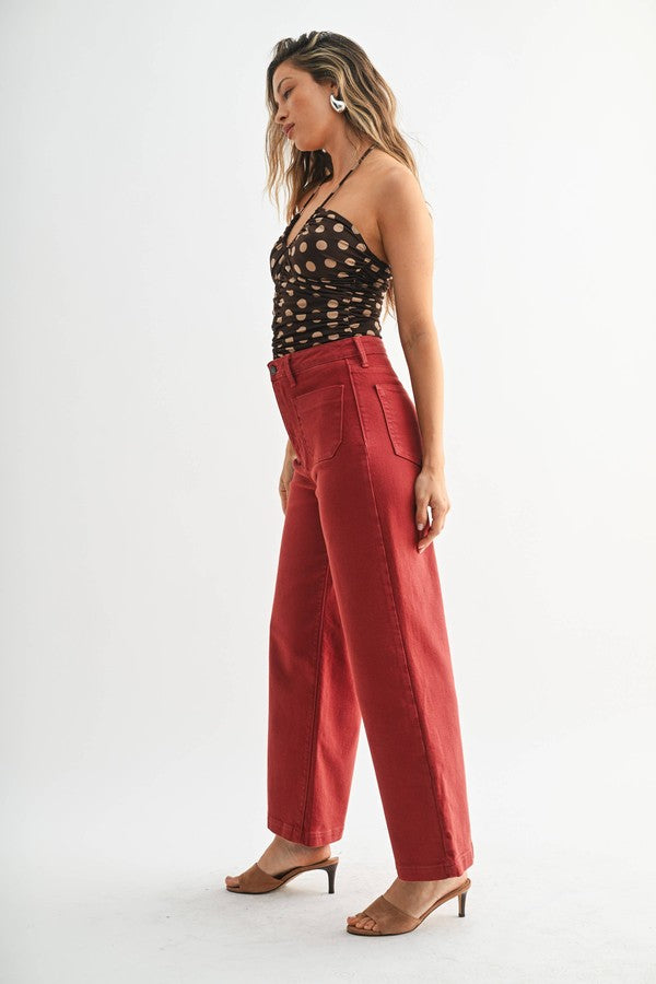 JBD Patch Pocket Wide Leg Jean in Burgundy, side view