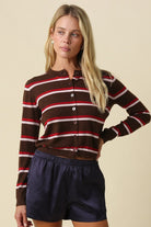 Olivaceous Stripe Button Up Sweater Cardigan in Brown Combo, front view