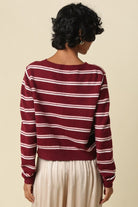 Olivaceous Stripe Button Up Sweater Cardigan in Burgundy Combo, back view