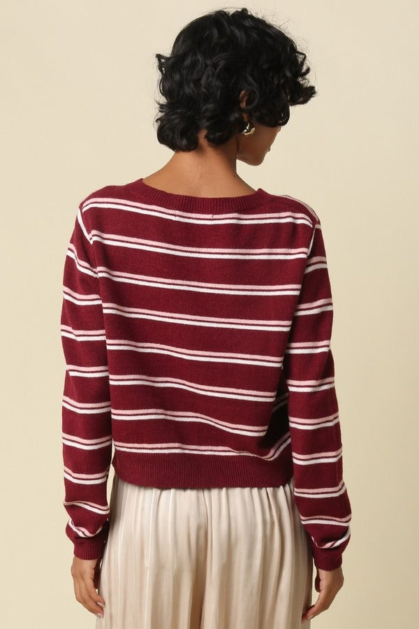 Olivaceous Stripe Button Up Sweater Cardigan in Burgundy Combo, back view