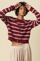 Olivaceous Stripe Button Up Sweater Cardigan in Burgundy Combo, front view