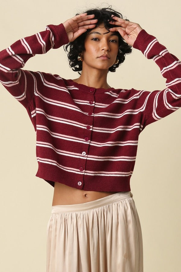 Olivaceous Stripe Button Up Sweater Cardigan in Burgundy Combo, front view