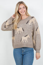 horse print sweater, animal print sweater, cozy fall sweater, oatmeal knit sweater, soft crewneck sweater, casual women’s sweater, playful fall fashion, relaxed knit top, trendy sweater for women, fall outfit idea