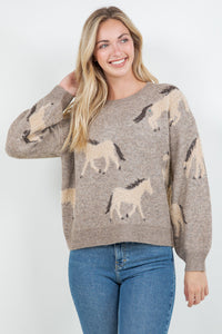 horse print sweater, animal print sweater, cozy fall sweater, oatmeal knit sweater, soft crewneck sweater, casual women’s sweater, playful fall fashion, relaxed knit top, trendy sweater for women, fall outfit idea