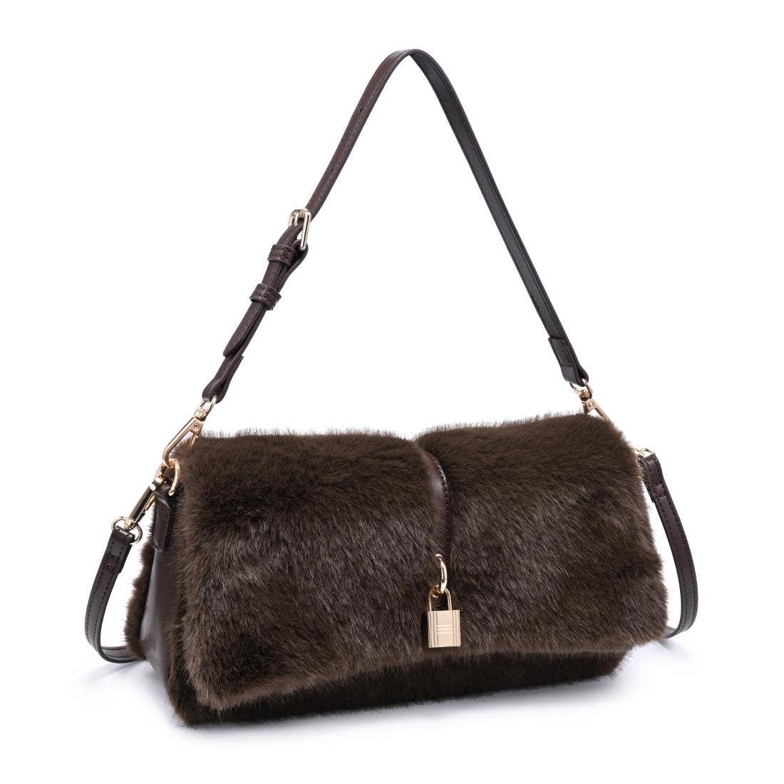 A dark brown fur shoulder bag with a black leather strap and gold-tone hardware, including a padlock detail on the front flap.