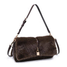 A dark brown fur shoulder bag with a black leather strap and gold-tone hardware, including a padlock detail on the front flap.